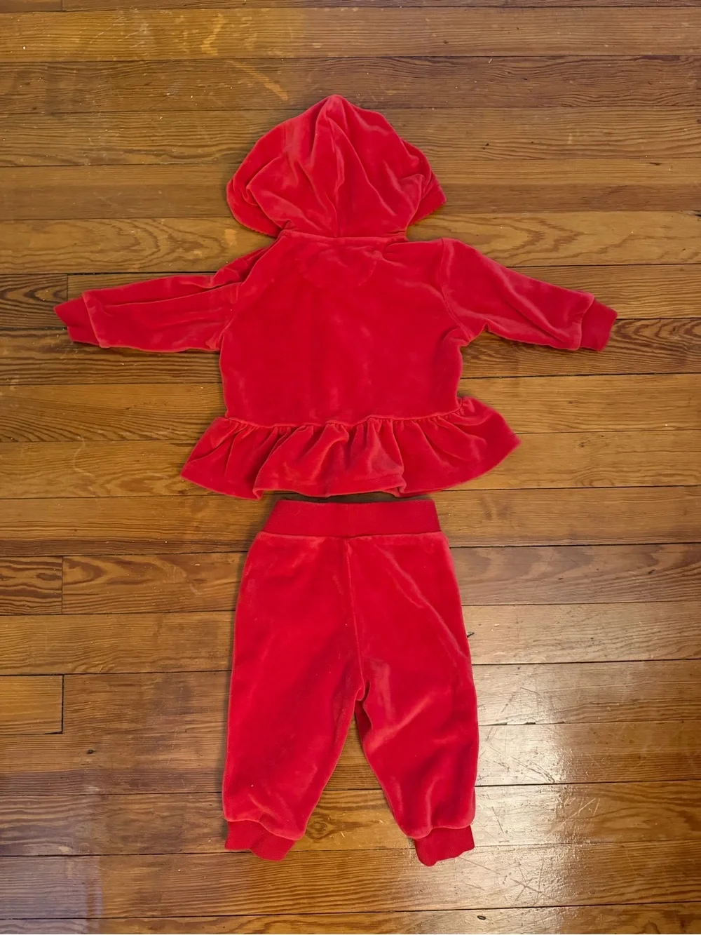 Ralph Lauren Baby Girls Red Velour Peplum Hoodie & Pants Set 9M